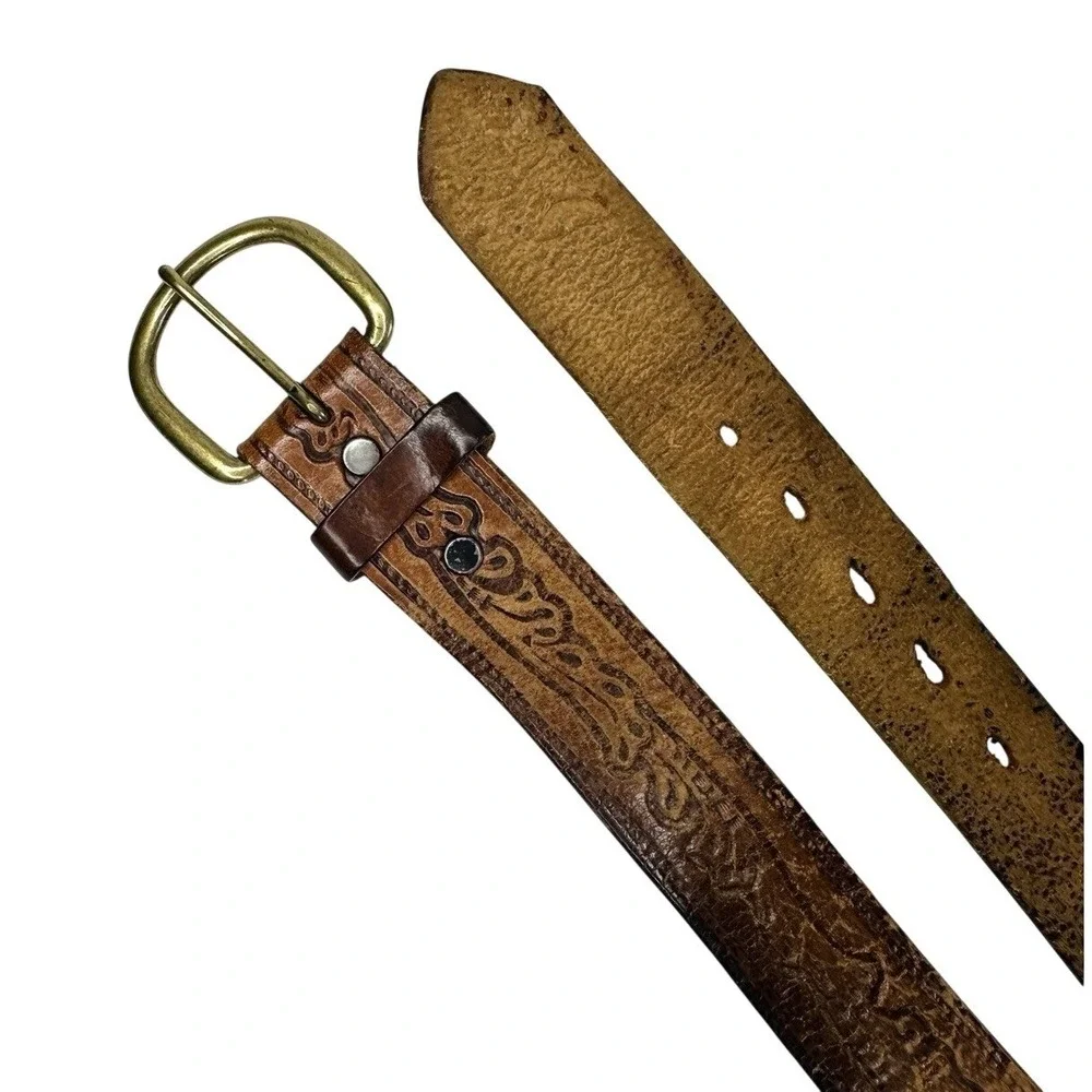 Vintage Levis 2235 Tooled Leather Belt Size 36 Brown Western Steerhide 1970s USA